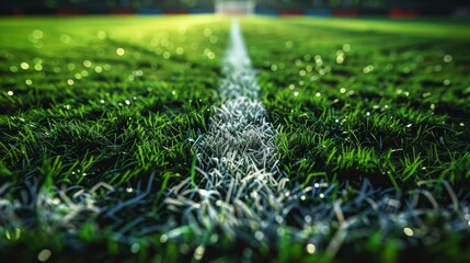 The pitch is marked with white lines on a green grass soccer field. - obrazy, fototapety, plakaty