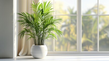 White pot with bamboo palm on the table