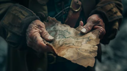 Schilderijen op glas Close-up of the hands of an old pirate holding a treasure map. © Roxy jr.
