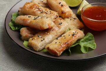 Tasty fried spring rolls with lettuce and sauce on gray table, closeup