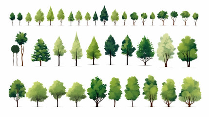 A set of green trees, vector illustration, in the style of watercolor, white background, simple design, high resolution