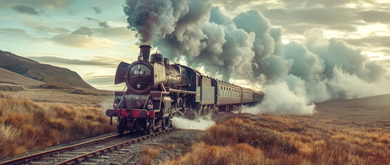 Vintage steam train crossing picturesque landscape