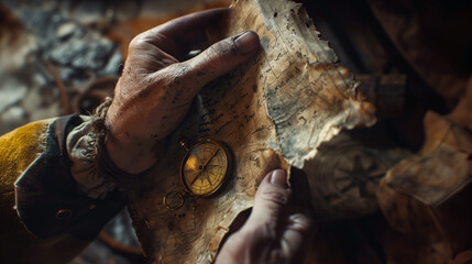Close-up of the hands of an old pirate holding a treasure map and compass.
