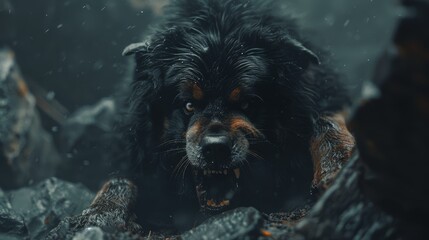 a black and brown dog with it's mouth open and it's tongue out in front of a pile of rocks.