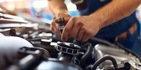 Skilled Mechanic at Busy Auto Repair Shop Handling Vehicle Servicing. Concept Auto Repair, Skilled Mechanic, Vehicle Servicing, Busy Shop, Mechanical Expertise - obrazy, fototapety, plakaty