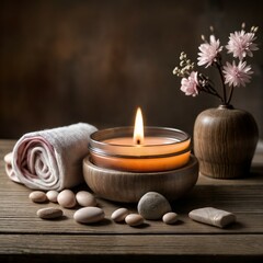 Obraz na płótnie Canvas Spa Ambiance with Candle and Natural Elements, Perfect for Wellness Retreats, Relaxation Themes, Zen-Inspired Home Decor, or Aromatherapy Settings