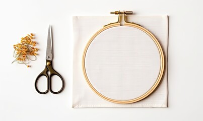 cross stitch embroidery accessories. Linen cloth in hoop on white background with floss, scissors and cloth. - obrazy, fototapety, plakaty