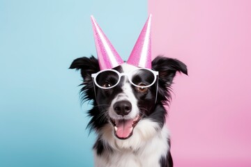 Happy Birthday party concept. Funny cute dog border collie wearing birthday silly hat and eyeglasses isolated on one color background. Pet dog on Birthday day and copy space - generative ai