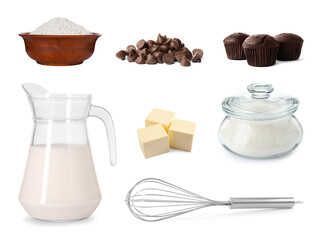 Whisk and different food products isolated on white, set