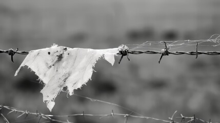 A piece of torn fabric fluttering on a barbed wire fence  AI generated illustration - obrazy, fototapety, plakaty