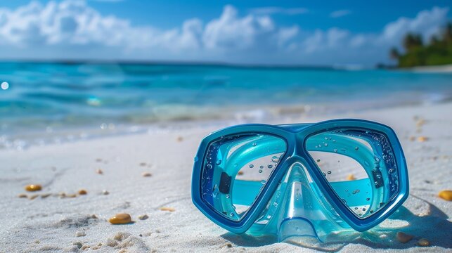 A pair of snorkeling goggles resting on a sandy beach AI generated illustration