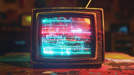 A retro television screen displaying colorful static and distorted images AI generated illustration - obrazy, fototapety, plakaty