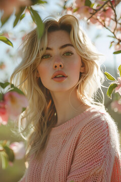 photo of blonde woman in pink sweater, surrounded in the style of apple blossoms and green leaves, spring aesthetic, dreamy aesthetic