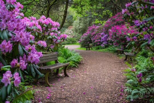 Beautiful rhododendron bushes in full bloom, creating an enchanting garden scene with vibrant purple flowers and lush greenery Generative AI