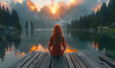 Facing back young woman practicing meditation or yoga, sitting on a wooden pier on the shore of a beautiful mountain lake at sunrise or sunset - obrazy, fototapety, plakaty