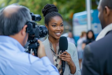 A woman engages in a conversation with a man, holding a microphone in her hand, Journalist in professional attire interviewing somebody important, AI Generated - obrazy, fototapety, plakaty