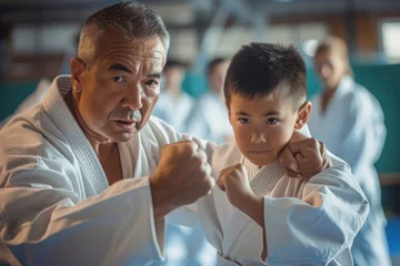 Fototapeten A man patiently teaches a young boy the fundamentals of karate, demonstrating strikes and stances, Karate master correcting the stance of a young student, AI Generated © Iftikhar alam
