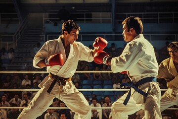 Two men standing next to each other on a field, showcasing a camaraderie in their stance, Karatekas in mid-bout under the watchful eye of a referee, AI Generated