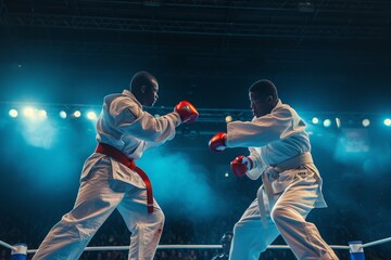 Two men wearing white and red boxing outfits engage in a boxing match inside a boxing ring, Kumite tournament under bright lights, AI Generated