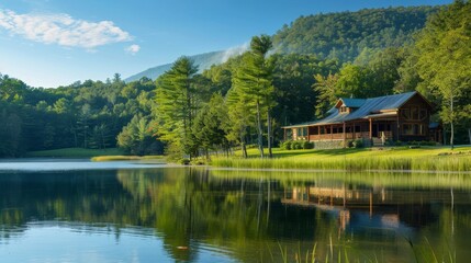 Fototapeta premium A serene mountain retreat offering corporate team-building activities and leadership development programs AI generated illustration