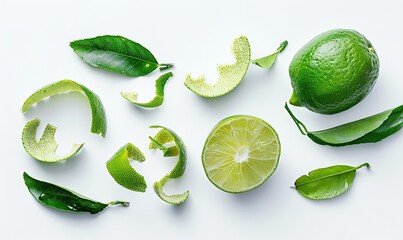 Fresh lime fruits with the peel and leaves on a white background