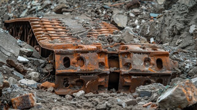 A rusted tank track half-buried in rubble AI generated illustration