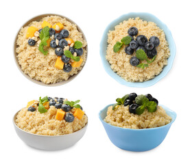 Tasty quinoa porridge with blueberries and pumpkin in bowls isolated on white, top and side views
