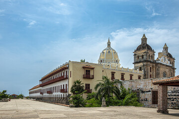 Cartagena, Colombia - July 25, 2023: Santuario de San Pedro Claver church towers, historic front...