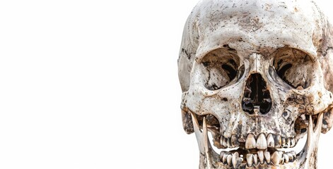 Anatomical Insight: A Human Skull Displayed on a Light Background, Showcasing the Intricate Dental Structure and the Enduring Mysteries of Skeletal Anatomy, Generative AI - obrazy, fototapety, plakaty