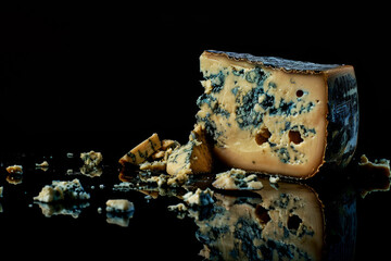 Fototapeta premium Gorgonzola cheese on dark background. Great for food advertisements, cheese enthusiasts' websites, and culinary magazines.