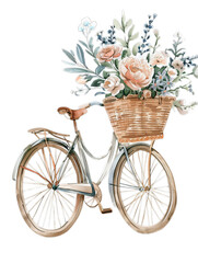 Fototapeta na wymiar Elegant minimal design of women's bicycle with pastel flowers in basket, watercolor style. Perfect for greeting cards, invitations, and feminine-themed designs