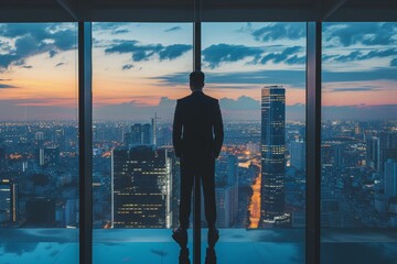 A man stands in front of a window, gazing out at a bustling cityscape below, Man in perfectly fitted suit standing in a high-rise office with panoramic city views, AI Generated