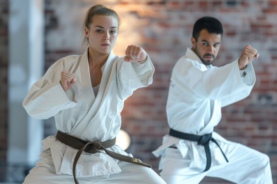 A couple of individuals engaged in conversation inside a room, sharing thoughts and ideas in a casual setting, Male and female karatekas demonstrating kata in unison, AI Generated
