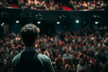 A man confidently stands before a large crowd, addressing them with determination, Man presenting a pitch in an auditorium filled with people, AI Generated - obrazy, fototapety, plakaty