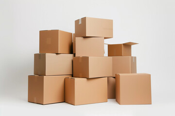 Stack of cardboard boxes against a white background