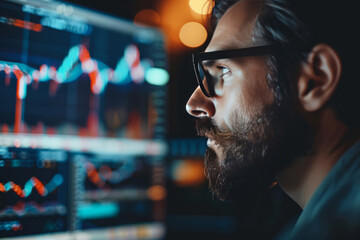 Man studying crypto or a beginner trader. Versatile image for cryptocurrency blogs, investment guides, and financial presentations. - obrazy, fototapety, plakaty
