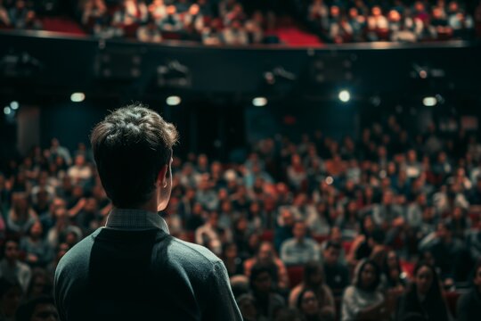 A man confidently stands before a large crowd, addressing them with determination, Man presenting a pitch in an auditorium filled with people, AI Generated