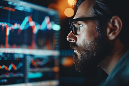 Man studying crypto or a beginner trader. Versatile image for cryptocurrency blogs, investment guides, and financial presentations.
