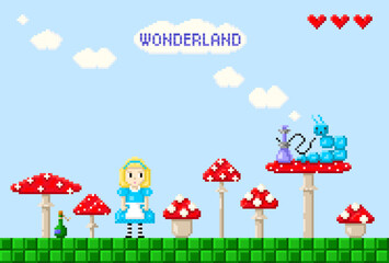 Greeting card of wonderland pixel art  in style of eight-bit game.  Alice, rabbit, cat, mad hatter, caterpillar,  mushrooms in style of 8-bit game. Vector illustration.