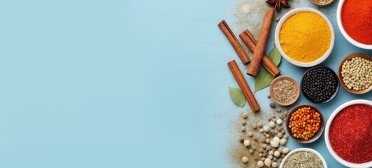 Assorted spices, seasonings and herbs in bowls on a blue background. Top view. Wide banner with copy space. Concept of culinary variety, food preparation, and seasoning ingredients. - obrazy, fototapety, plakaty