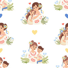 Seamless pattern Ukrainian  mother with son and daughter in traditional clothes
