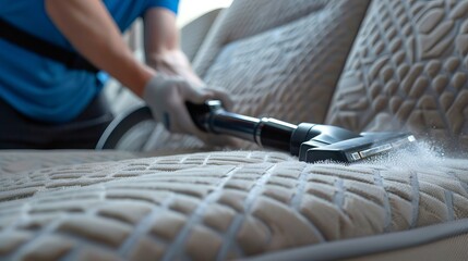 Expert sofa cleaning with a powerful vacuum cleaner. Process of cleaning a detailed couch. Concept of meticulous hygiene, specialized cleaning service, allergen control, domestic care. - obrazy, fototapety, plakaty