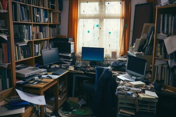 A messy desk with various items scattered around, featuring a computer as the central focus, Organised chaos of a shared home workspace, AI Generated - obrazy, fototapety, plakaty