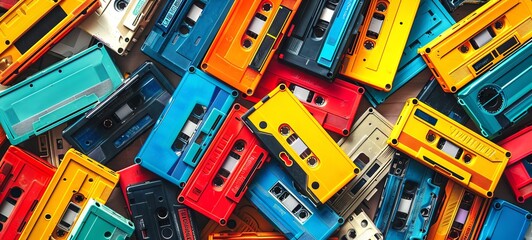 A collection of bright, multicolored vintage cassette tapes arranged randomly. Analog music media. Top view. Background. Concept of nostalgia for mixtapes, the 80s and 90s culture. Banner - obrazy, fototapety, plakaty