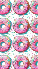 Variety of vibrant glazed donuts displayed on soft pink background, enticing with their colorful toppings, delicious allure. For cafe, pastry shop website, dessert advertisements, restaurant menu.