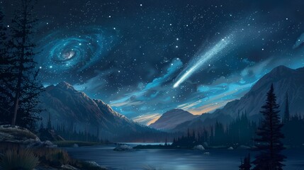 A tranquil scene of a comet streaking across the night sky AI generated illustration - obrazy, fototapety, plakaty