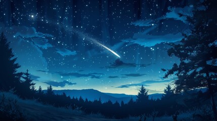 A tranquil scene of a comet streaking across the night sky AI generated illustration - obrazy, fototapety, plakaty