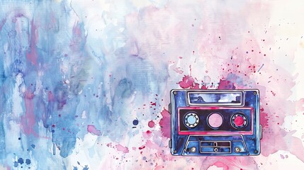Watercolor audio cassette with vibrant splatters. Cassette tape illustration on a creative background. Concept of retro technology, artistic expression, nostalgia, sound recording. Banner. Copy space