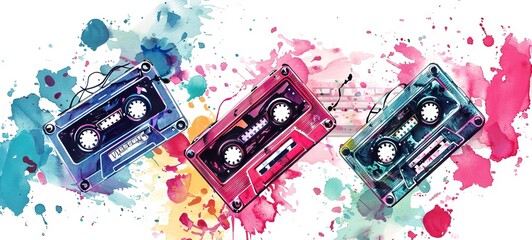 Assorted watercolor cassette tapes. Multicolored audio tapes illustration. Top view. White background. Concept of retro music mix, art collection, vintage media, and creative design. Aquarelle splash