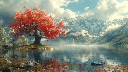 Poster Vibrant red tree on an islet against mountain backdrop. Striking autumnal tree in a serene lake landscape. Concept of natural beauty, seasons, tranquility, and picturesque scenery. Art. Copy space © Jafree